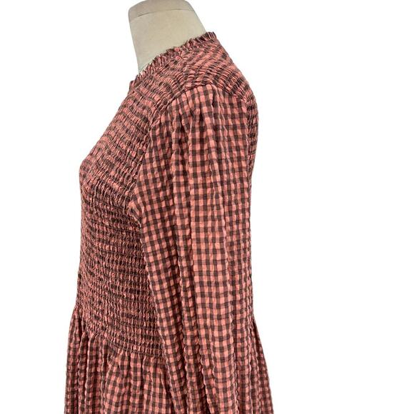Scotch & Soda Smocked Seersucker Plaid Midi Dress Coral Pink‎ Size XL - Picture 7 of 15